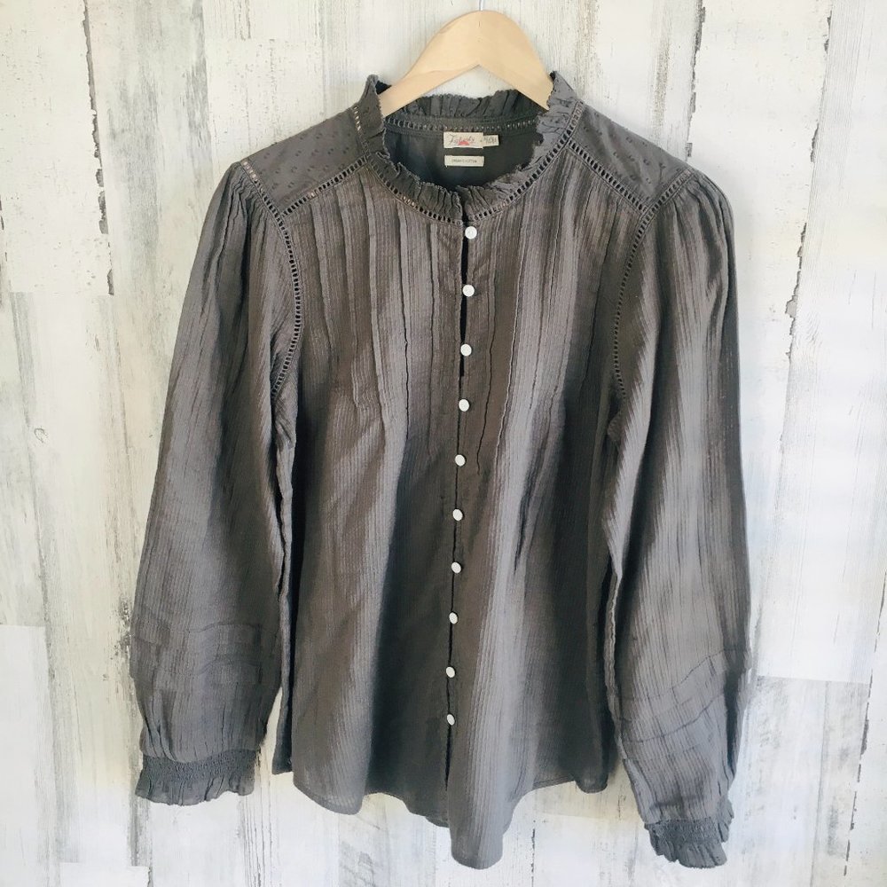NWOT Faherty Willa Blouse Women's Peasant Top Shirt Puff Sleeve Gray L
